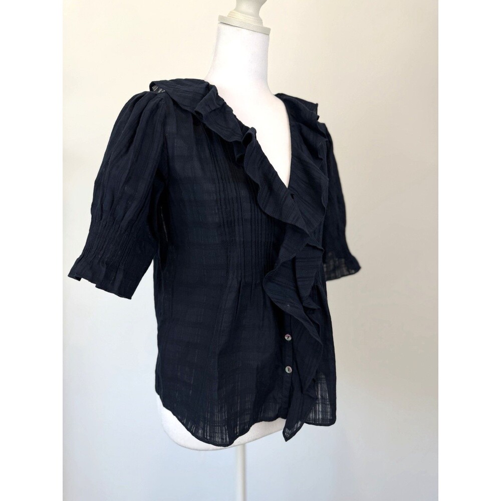 Madewell XXS Black Ruffle Blouse Cotton Plaid Textured Puff Sleeve Romantic Top - Picture 3 of 8